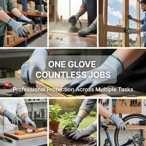 Level 5 Cut Resistant Work Gloves Cru553 used in various jobs including woodwork, metalwork, gardening, and kitchen tasks