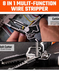 8 In 1 All In One Wire Stripper And Cutter Tool For 8 To 18 AWG Solid Wire And 10 To 20 AWG Stranded Wire With Deburring Looping And Twisting Bolt Cutter Pliers Heavy Duty CRV Steel in use for wire cutting and bolt cutting