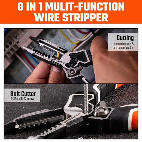 8 In 1 All In One Wire Stripper And Cutter Tool For 8 To 18 AWG Solid Wire And 10 To 20 AWG Stranded Wire With Deburring Looping And Twisting Bolt Cutter Pliers Heavy Duty CRV Steel in use for wire cutting and bolt cutting