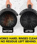 Front view of two round air fryer baskets; left dirty before cleaning, right clean after.