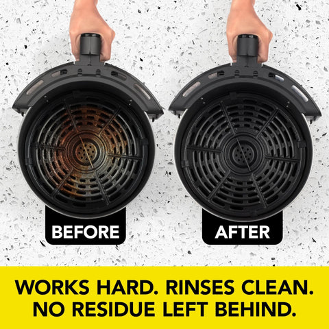 Front view of two round air fryer baskets; left dirty before cleaning, right clean after.