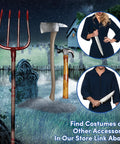 Adjustable Halloween Pitch Fork Prop Accessory For Cosplay And Theatrical Use, red plastic farm style fork in spooky setting.