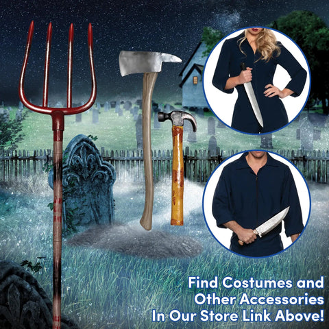 Adjustable Halloween Pitch Fork Prop Accessory For Cosplay And Theatrical Use, red plastic farm style fork in spooky setting.