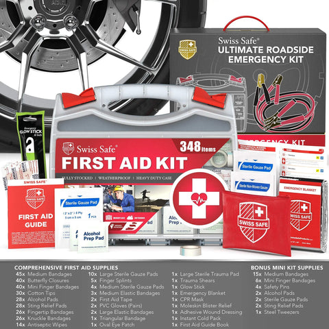 Roadside Ready 12-Foot Heavy Duty Jumper Cables And 378-Piece Car First Aid Kit with glow sticks and auto safety tools.