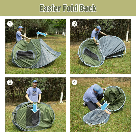 Step-by-step folding Two Person Pop Up Camping Tent Waterproof Instant Setup Easy Peasy One Touch Open Quick Fold Back process