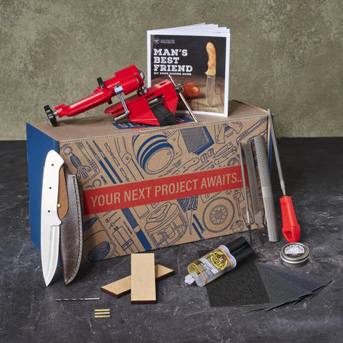Knife Making Kit For DIY Dudes Includes Shawnee Skinner Blade, maple handle, leather sheath, brass bolsters, tools, and guide
