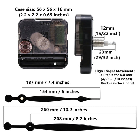 Quartz Wall Clock Movement Replacement Kit Battery Powered With High Torque Drive Long Shaft For Thick Dial Thickness Up To 0.3125 Inches Includes 10.2 Inch Spade Hands DIY Clock Repair Parts Plug And Play Install