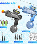 Electric Water Guns 2 Pack Light Up Auto Squirt Blasters for Kids and Adults, High Powered Fully Auto Water Cannon with Long Range Burst, Battery Operated Fun for Pool Parties, Black and Blue, showing full product package