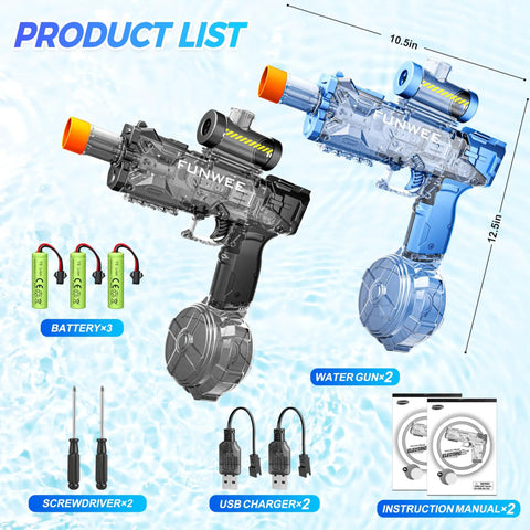 Electric Water Guns 2 Pack Light Up Auto Squirt Blasters for Kids and Adults, High Powered Fully Auto Water Cannon with Long Range Burst, Battery Operated Fun for Pool Parties, Black and Blue, showing full product package