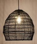 Bamboo Pendant Light Fixture Black Finish, Boho Rattan Woven Hanging Lamp for Kitchen Island or Nursery, bulb visible inside
