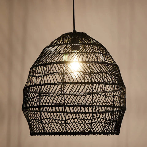 Bamboo Pendant Light Fixture Black Finish, Boho Rattan Woven Hanging Lamp for Kitchen Island or Nursery, bulb visible inside