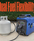 4000 Peak Watt Dual Fuel Portable Inverter Generator With Remote Start Gas Or Propane Powered 3300 Rated Watts next to propane tank