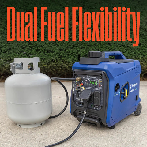 4000 Peak Watt Dual Fuel Portable Inverter Generator With Remote Start Gas Or Propane Powered 3300 Rated Watts next to propane tank