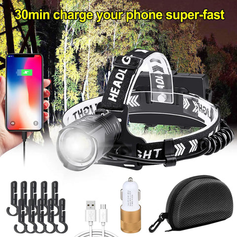 Rechargeable 2000 Lumen Headlamp With Zoomable Spot And Flood Beams, accessories, and a charging phone outdoors