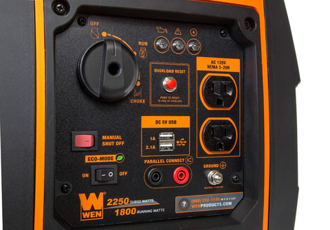 Control panel of Quiet Portable Inverter Generator With Gas Powered 2000 Watt CARB Compliant showing ports and settings.