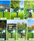 Ultrasonic Outdoor Animal Deterrent With Motion Sensor For Cats Squirrels And Other Critters Solar Powered Yard Shield Garden Repellent Waterproof Pest Defense Stake 110 Degree PIR Wide Angle Two Modes With Or Without Flashing Lights in various outdoor settings.