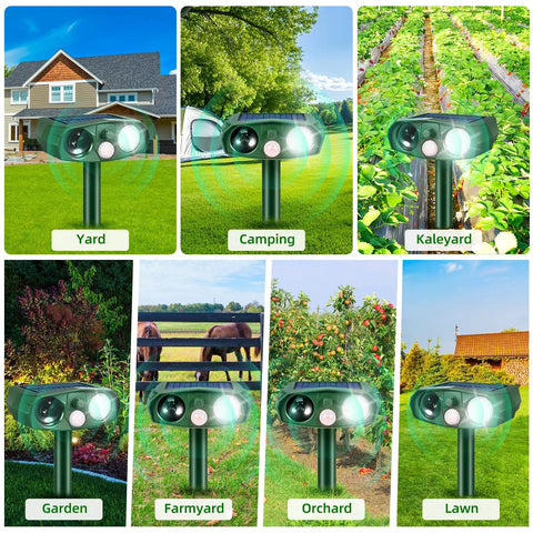 Ultrasonic Outdoor Animal Deterrent With Motion Sensor For Cats Squirrels And Other Critters Solar Powered Yard Shield Garden Repellent Waterproof Pest Defense Stake 110 Degree PIR Wide Angle Two Modes With Or Without Flashing Lights in various outdoor settings.