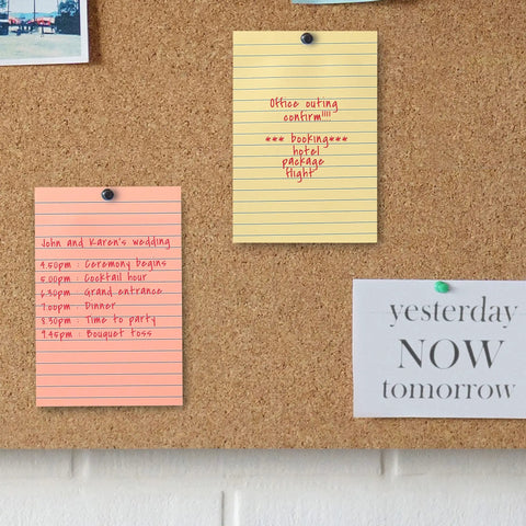 Corkboard with 4x6 inch pastel color ruled sticky notes for planning and organization, easy tear clean removal, 270 sheets total.