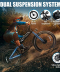 Rider on Badass 9000W Dual Motor Fat Tire Ebike For Adults with dual suspension system on rocky terrain.