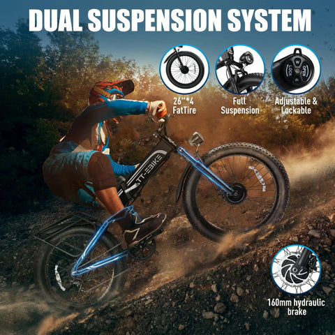 Rider on Badass 9000W Dual Motor Fat Tire Ebike For Adults with dual suspension system on rocky terrain.