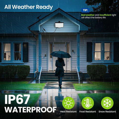 House with Beast Bright Outdoor Solar Flood Light 294 LED Motion Sensor, IP67 Waterproof 3000LM mounted above porch