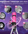 High Powered 80mm Refractor Telescope For Adults And Kids Portable 600mm Travel Scope with moon viewing lenses, pink design.