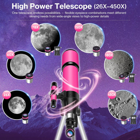 High Powered 80mm Refractor Telescope For Adults And Kids Portable 600mm Travel Scope with moon viewing lenses, pink design.