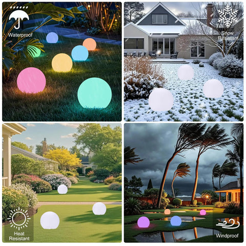 Solar Ball Light 12 Inch LED Outdoor Table Lamp 16 RGB Colors Dimmable Globe Light With Remote in Various Outdoor Settings