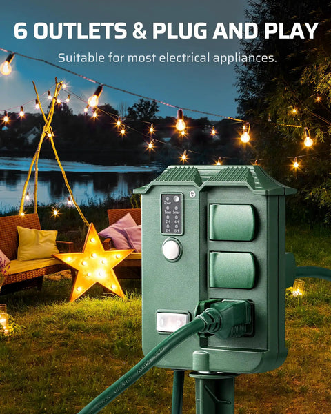 Outdoor Power Stake Timer With Six Grounded Outlets, Six Ft Extension Cord, 100 Ft Wireless Remote, in garden setting