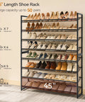 Heavy Duty Metal Shoe Rack Keeps Fifty Pairs Of Kicks Neat Eight Tier Entryway Closet Organizer With Removable Boot Shelf And Matte Black Finish To Slash Floor Clutter And Make Your Space Way Cozier with 50 pairs of shoes displayed.