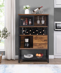 Industrial Wood And Metal Bar Cabinet With Built In Wine Rack For Liquor And Glasses, modern sideboard showcasing wine bottles and glassware.