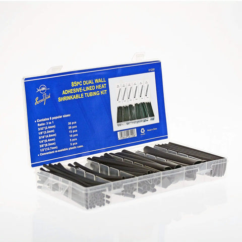 85 Piece 3 to 1 Dual Wall Adhesive Lined Heat Shrink Tubing Kit for Wires and Cords in open plastic case, flame retardant polyolefin