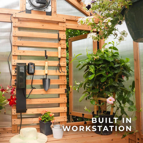 Interior of Bellerose Walk In Greenhouse Kit With Cedar Wood And Polycarbonate Panels showing workstation and plants
