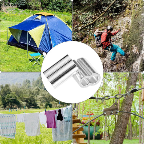 Heavy Duty 50 Pack Aluminum Crimping Loop Sleeves For One Quarter Inch Wire Rope And Cable Double Hole Gritted Ferrule Sleeves For Secure Ends DIY Rigging And Cable Work used in tent, climbing, clothesline, and cable rigging
