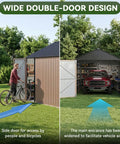 Wide double-door design on Beefy Heavy Duty Metal Storage Shed Outdoor Carport With Double Doors, Side Door And Windows, All Weather 12x20x9.3 Ft Garage Shed For Vehicles, Mowers, Bikes And Tools, 1700 Cu Ft Capacity with a bike entering through the side door and a car parked.