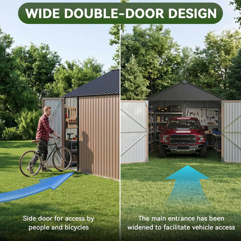 Wide double-door design on Beefy Heavy Duty Metal Storage Shed Outdoor Carport With Double Doors, Side Door And Windows, All Weather 12x20x9.3 Ft Garage Shed For Vehicles, Mowers, Bikes And Tools, 1700 Cu Ft Capacity with a bike entering through the side door and a car parked.