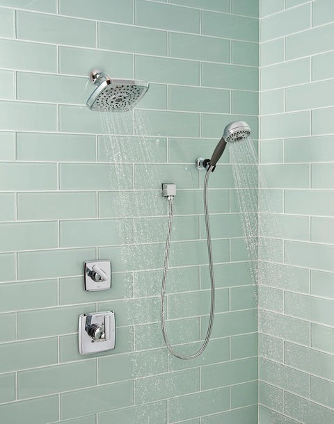 Ashlyn Chrome 3 Function Shower Diverter Trim Kit With 3 Way Diverter Modern Sleek Lines on turquoise tiled wall