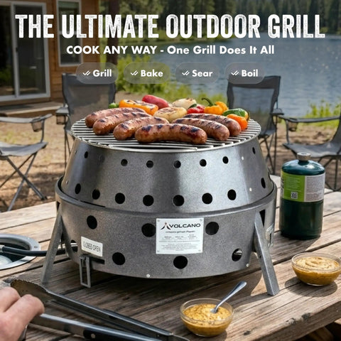 2nd Gen Collapsible Grill And Stove Portable Camping Cooker with food grilling outdoors, showcasing 13-inch cooking surface.