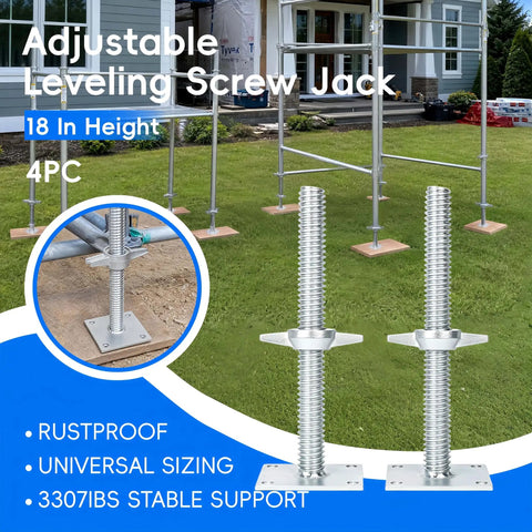 Four Pack 18 Inch Adjustable Leveling Jacks For Baker Style Scaffolding, 3307 Lbs Load Capacity, Heavy Duty Galvanized Solid Screw Jacks With Base Plate, Built To Last, Silver Finish