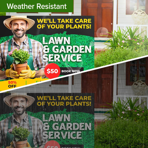 Custom Yard Sign Double Sided Lawn Sign 18x24 Inches 2 Pack Personalize With Text And Logo For Business Yard Or Garage Sale Home Or Office Outdoor Corrugated Plastic With Metal H Stake Made In USA displaying lawn and garden service ad.