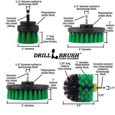 Drill Powered Kitchen Cleaning Kit With Heavy Duty Drill Brush Set for stainless and copper sinks, bristles and quick-change shafts visible.