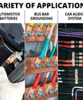 Tough As Nails 1/0 Awg 3/8 Inch Copper Wire Lugs used in automotive batteries, bus bar grounding, and car audio systems.