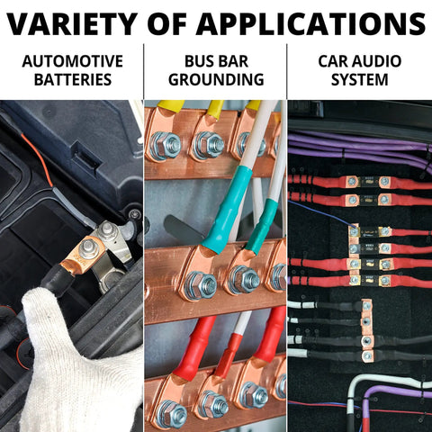 Tough As Nails 1/0 Awg 3/8 Inch Copper Wire Lugs used in automotive batteries, bus bar grounding, and car audio systems.