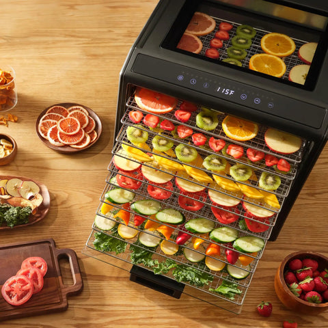 Keep It Fresh With This Top Shelf Electric Food Dehydrator Boasting Ten Rustproof Stainless Steel Trays with fruits on display.