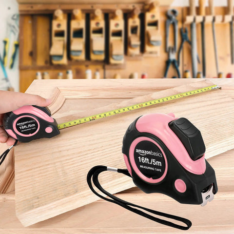 Pink Retractable Tape Measure 16 Ft With Dual Metric And SAE Readouts Three Quarter Inch Wide Blade For Easy Reading Belt Clip