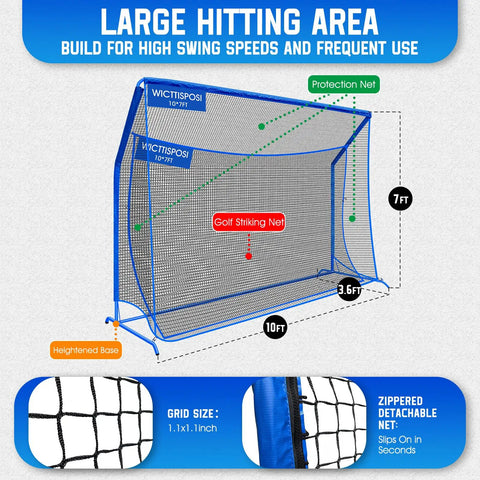 Heavy Duty Golf Hitting Net 10x7ft With Extra Striking Net for backyard practice, robust metal frame, elevated base, protective netting.