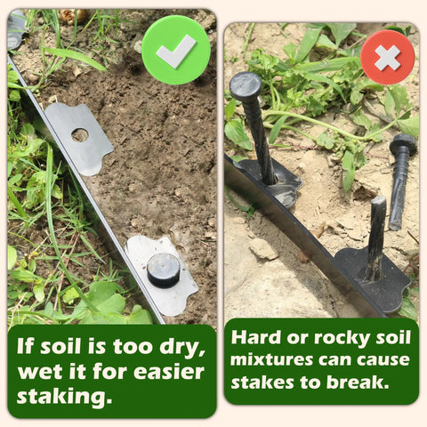 Landscape Edging Anchoring Spikes 6 Inch 30 Pack for Weed Barrier Lawn Paver Edging Stakes Garden Fence and Artificial Turf installation in dry and rocky soil.
