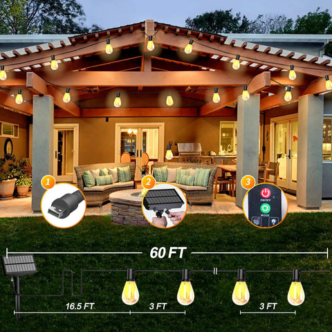 Outdoor patio with 60 Ft Solar String Lights With Remote Control Waterproof Copper Wire Led Bulbs 15 Plus 2 Shatterproof