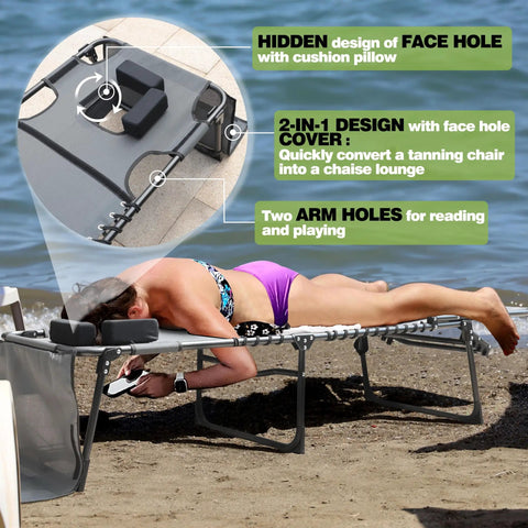 Outdoor Patio Chaise Lounge Chair With Face Hole For Beachside Chill And Poolside Kickback on sandy beach