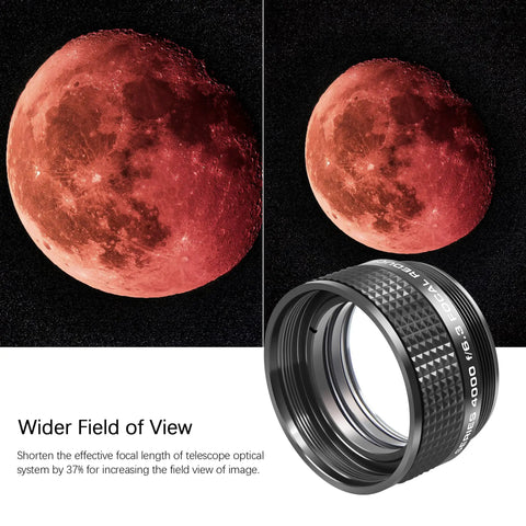 Moon image comparison showing wider field with Focal Reducer F6.3 For SCT Telescopes, 37 Percent Focal Length Reduction.